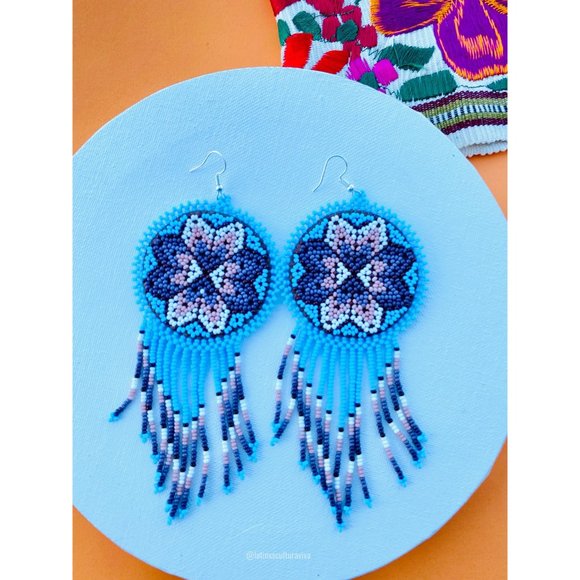 Mexican Earrings, Huichol Earrings, Handmade Earrings, Colorful Huichol Earrings - Picture 2 of 6